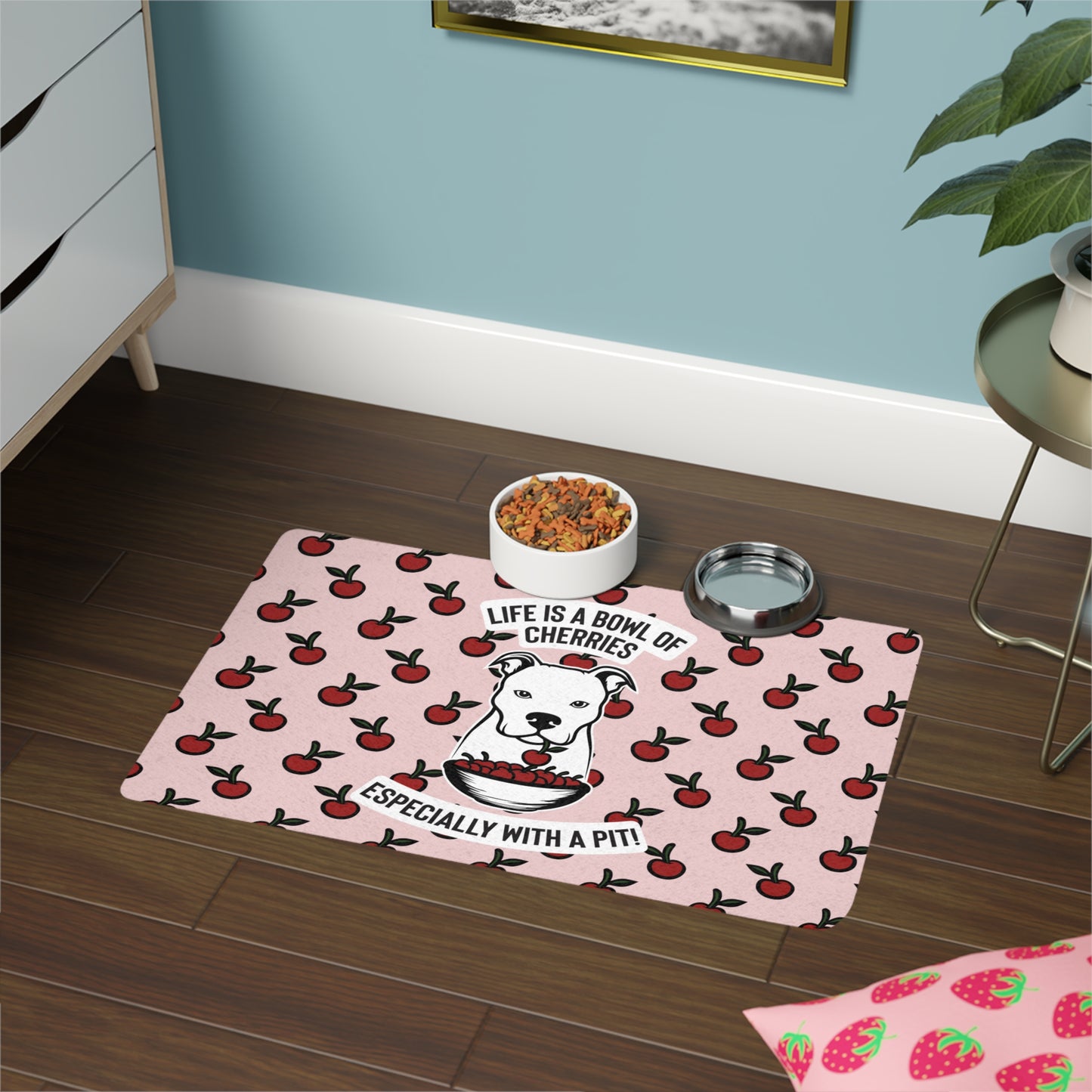 Life Is A Bowl Of Cherries Pet Food Mat (Pink) (12x18)